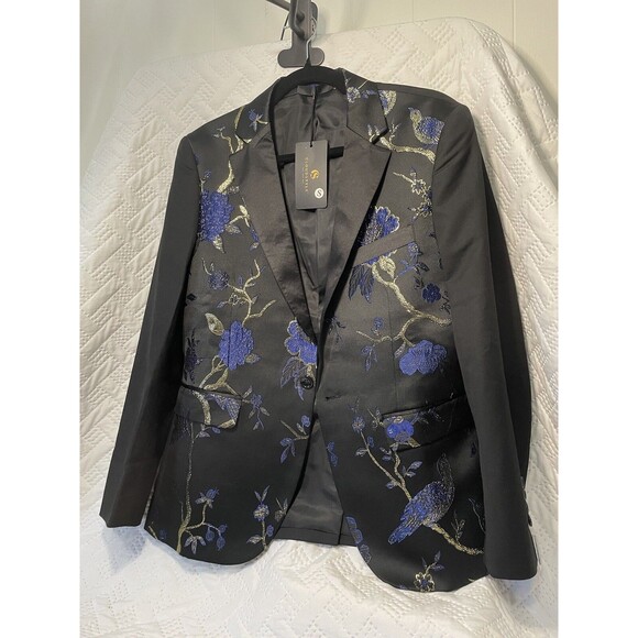 Cloudstyle Men's Dinner Jacket Blue and Gold Embroidered On Silky Black Sz Small - Picture 2 of 16